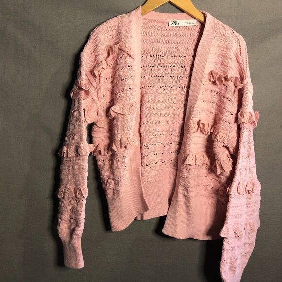zara structured knit jacket small s m pink ruffled knitted ruffled to - Picture 1 of 11